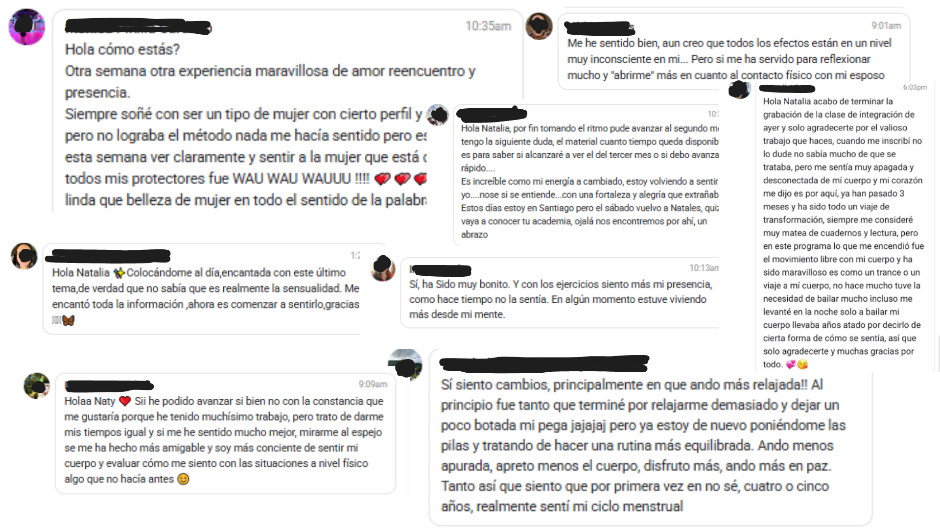 Pared de mensajes reales de mujeres del programa con nombres tachados por privacidad